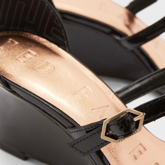 TED BAKER Weliin Black Patent Leather Wedge Sandal Ankle Strap Heels Pumps Shoes - Picture 7 of 13